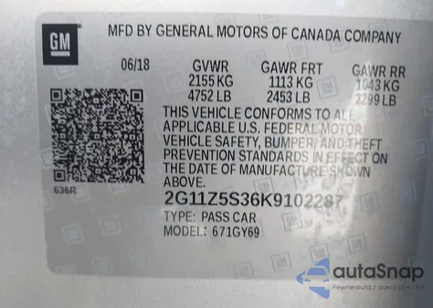 2019 Chevrolet Impala Lt z USA, uszkodzony, nr VIN 2G11Z5S36K9102287